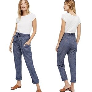 FREE PEOPLE Rumors Yarn Dye Harem Pant Navy 100% Cotton White Pinstripe Jean